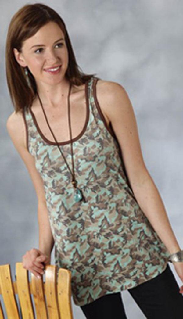 0303705142252BU Turquoise Camo Racer-Back Tank Roper Womens Shirts
