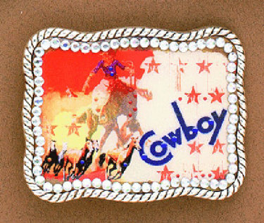 1337254 Silver Rectangular Cowboy Print M&F Western Western Buckle