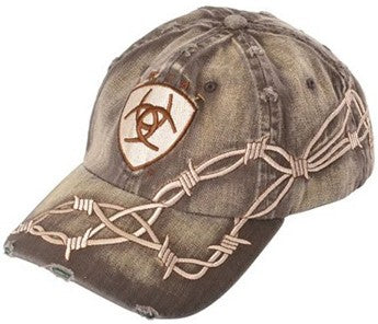 1509802 Distressed Brown With Barbwire Embroidery Ariat Mens Ball Cap