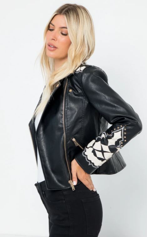 26 International Black Faux Leather Women's Moto Jacket 14443-BLKWHT