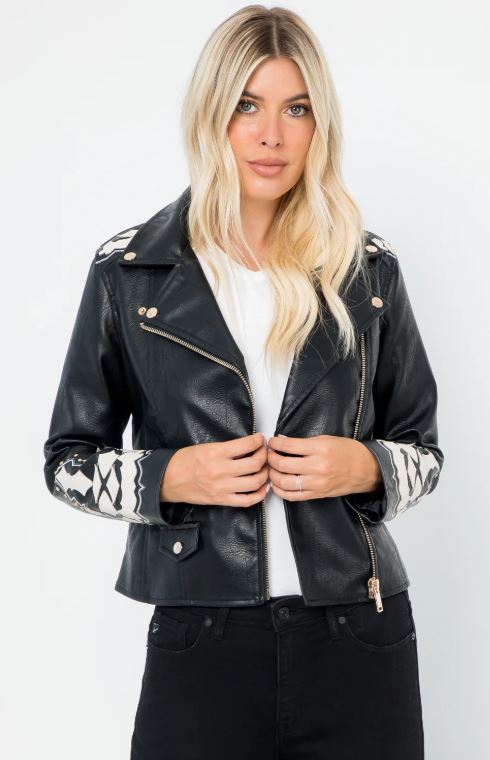 26 International Black Faux Leather Women's Moto Jacket 14443-BLKWHT