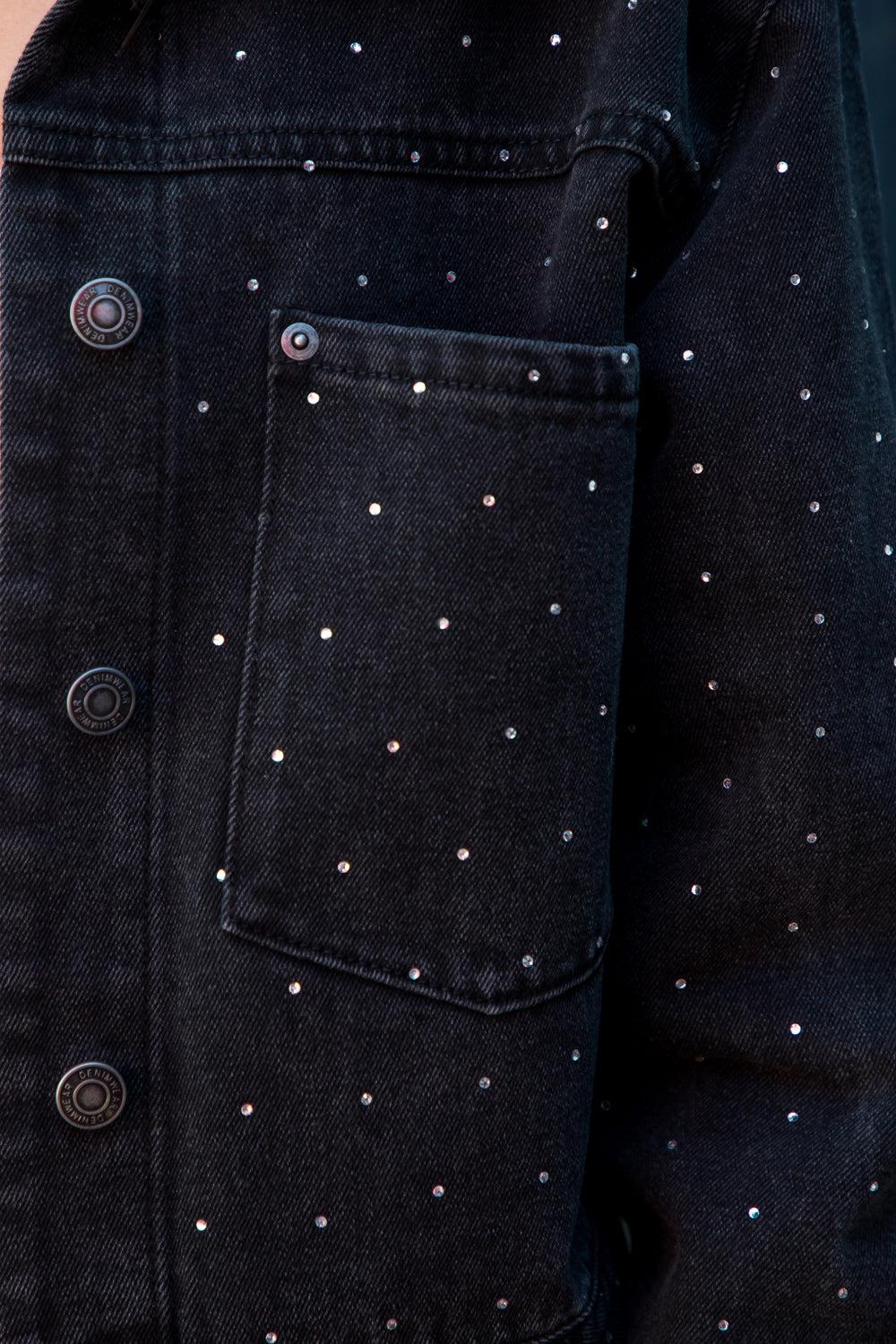 26 International Black Oversized Denim Trucker Jacket With Rhinestones 14997-BLK