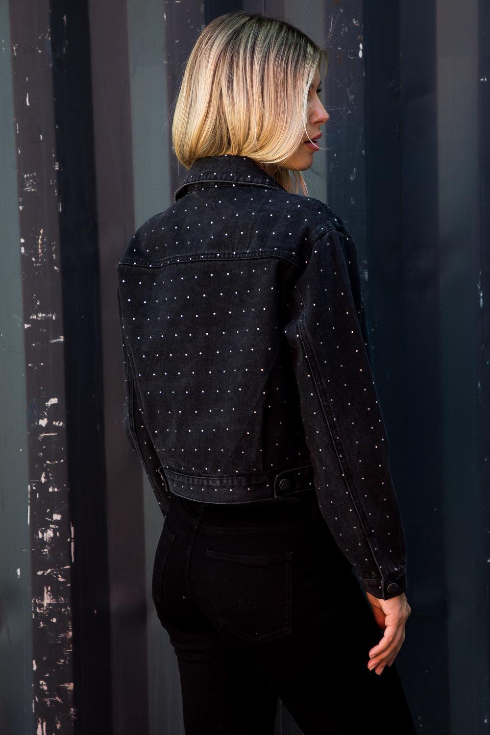 26 International Black Oversized Denim Trucker Jacket With Rhinestones 14997-BLK