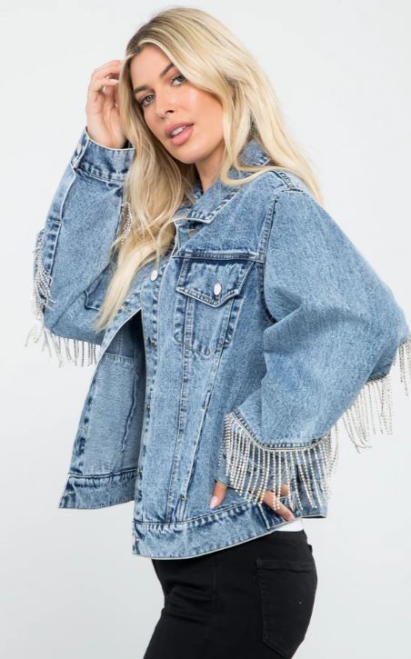 26 International Blue Rock Women's Rhinestone Fringe Denim Jacket SP14207-BLUE