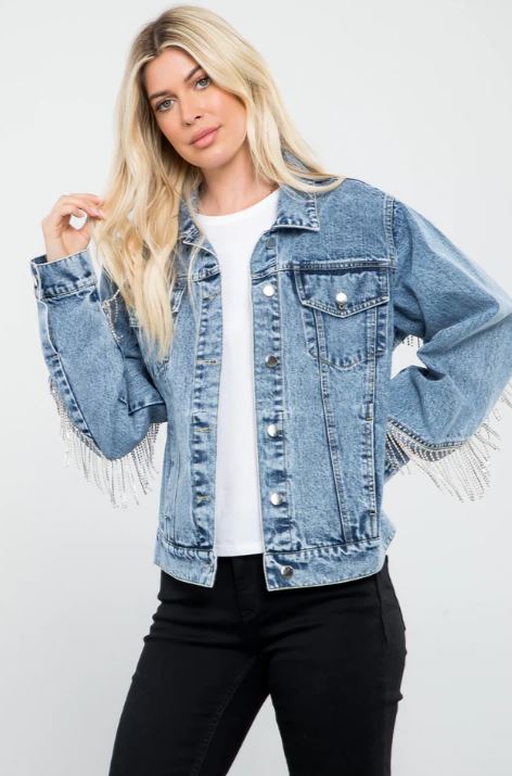 26 International Blue Rock Women's Rhinestone Fringe Denim Jacket SP14207-BLUE