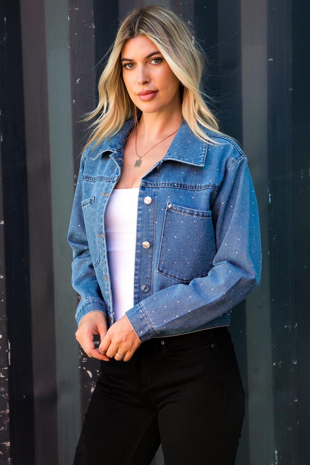 26 International Medium Wash Oversized Denim Trucker Jacket With Rhinestones 14997-MEDWSH