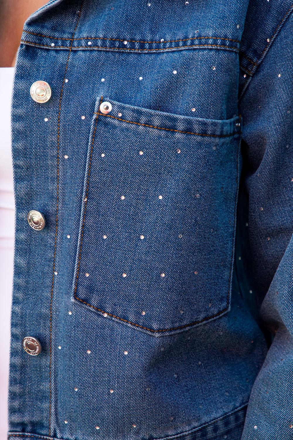 26 International Medium Wash Oversized Denim Trucker Jacket With Rhinestones 14997-MEDWSH