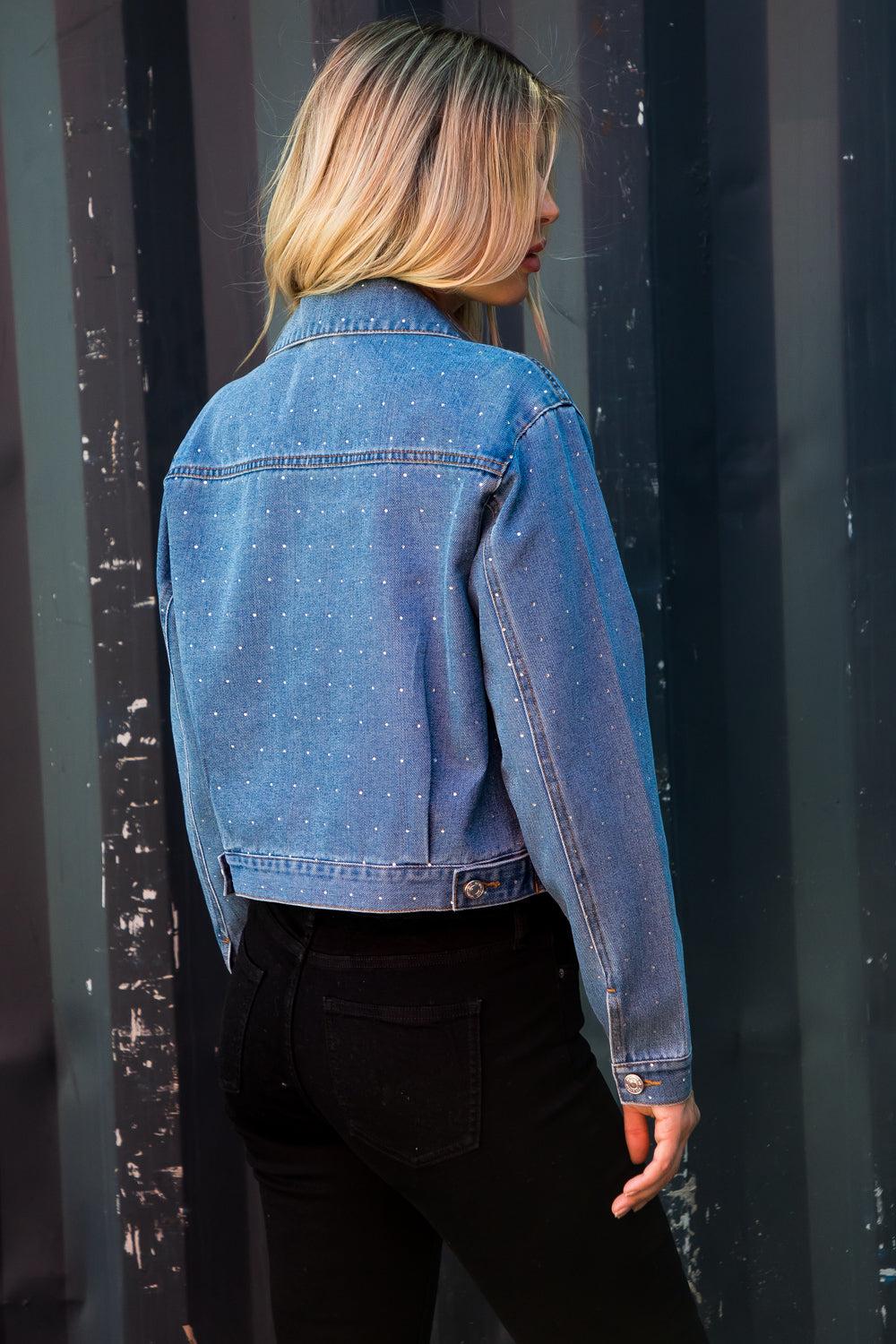 26 International Medium Wash Oversized Denim Trucker Jacket With Rhinestones 14997-MEDWSH