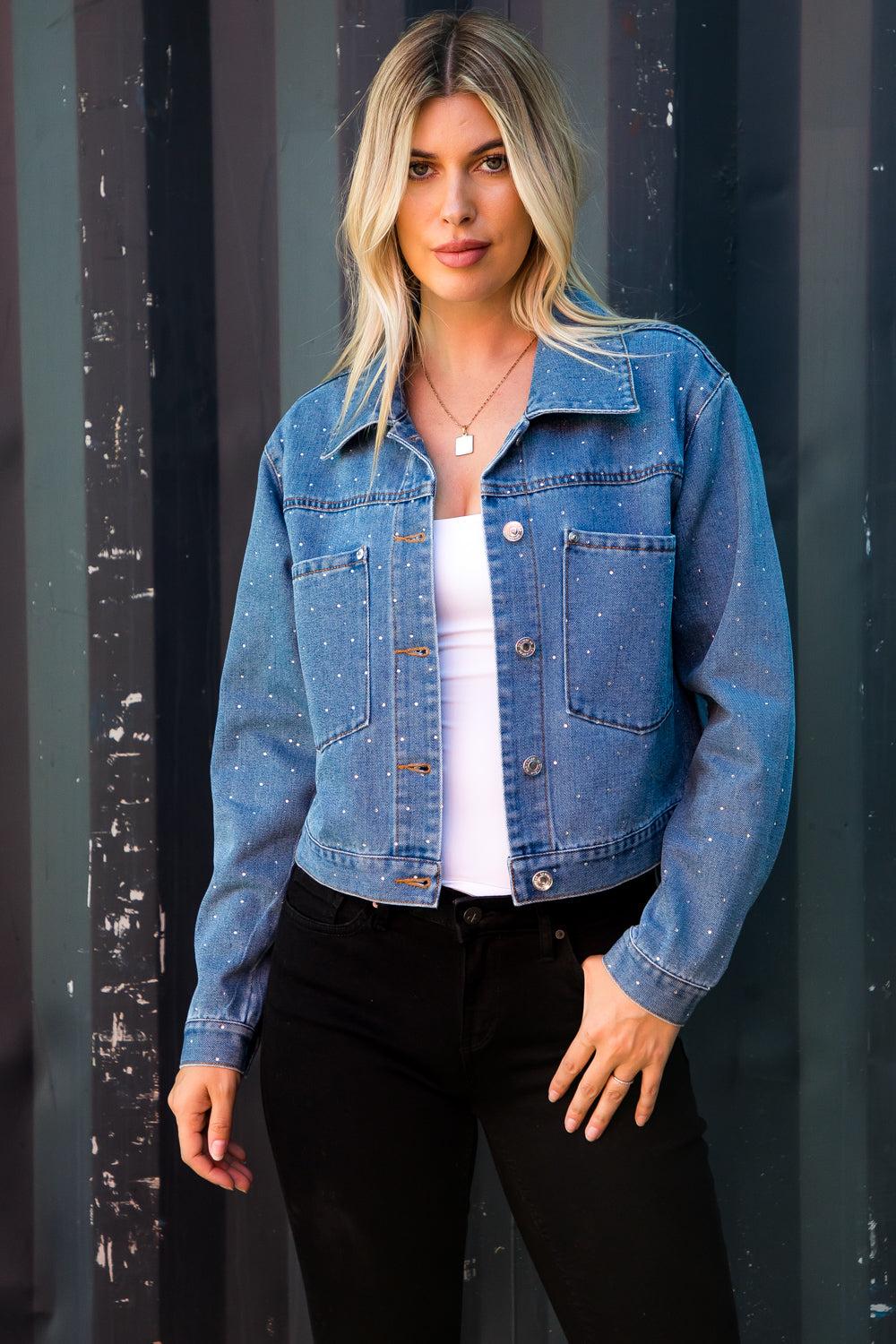 26 International Medium Wash Oversized Denim Trucker Jacket With Rhinestones 14997-MEDWSH