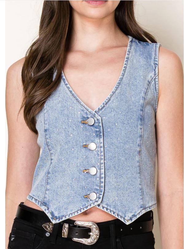 26 International Sun Lt Blue Washed Denim Women's Vest With Rhinestones 55500-LTBLUE