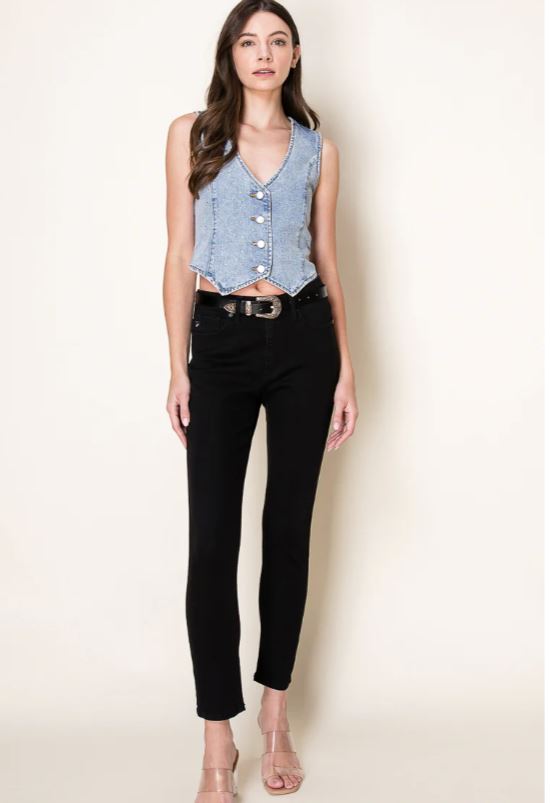 26 International Sun Lt Blue Washed Denim Women's Vest With Rhinestones 55500-LTBLUE