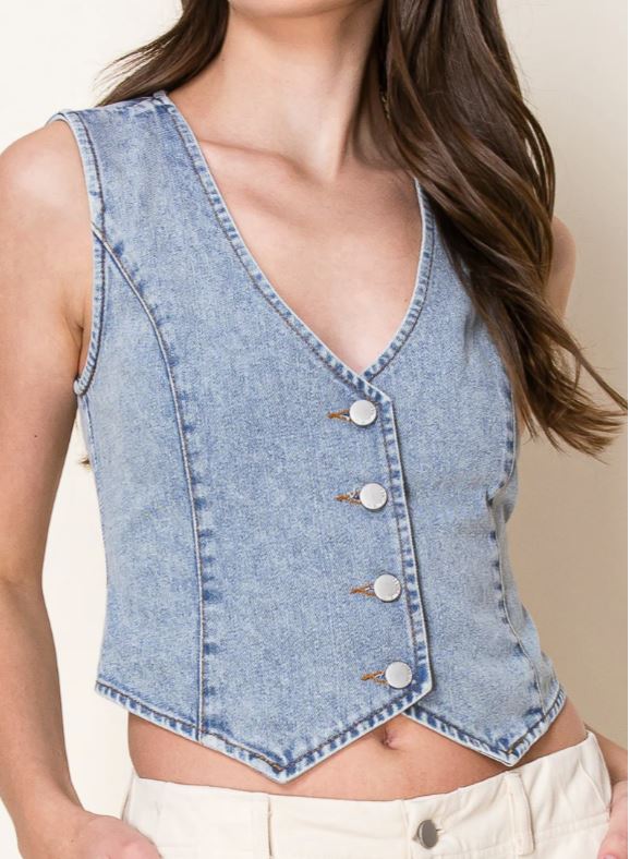 26 International Sun Lt Blue Washed Denim Women's Fitted Vest 55498-LTBLUE