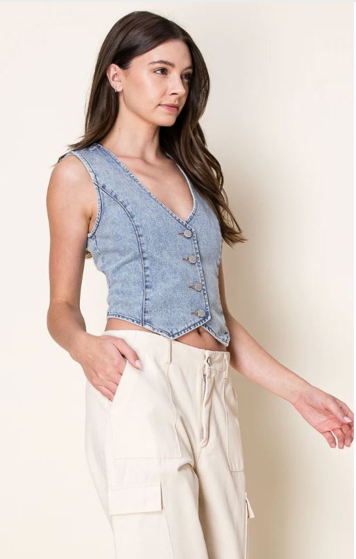 26 International Sun Lt Blue Washed Denim Women's Fitted Vest 55498-LTBLUE