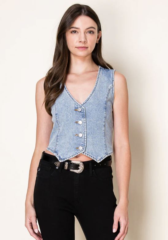26 International Sun Lt Blue Washed Denim Women's Vest with Rhinestones 55500-LTBLUE