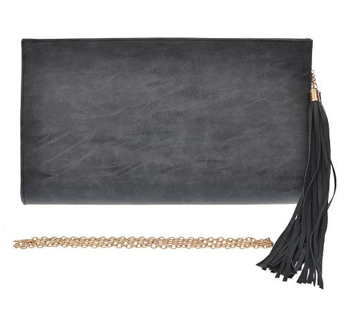 3AM Black Rectangular Shaped Clutch With Long Tassel 3730