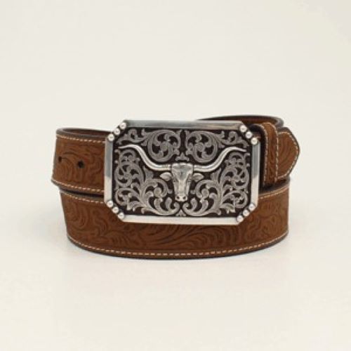 3D Brown Floral Embossed Men's 1 1/2 inch Western Belt with Longhorn Motif Rectanglular Buckle D100012102