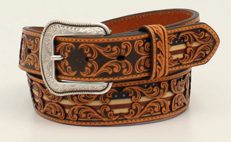 3DTan Tooled Overlay and USA Flag Underlay Men's Leather Belt D100012408