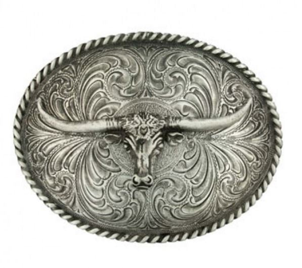 61028 Oval Longhorn Classic Antiqued Attitude Belt Buckle