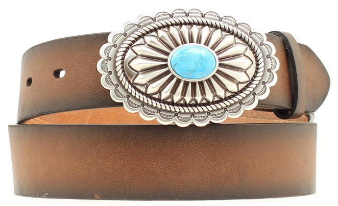 A1512002 Brown Plain Leather With Turquoise Accent Buckle Womens Belts