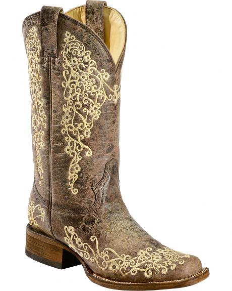 A2663 Corral Brown Crater Embroidered Square Toe Western Cowgirl Boots