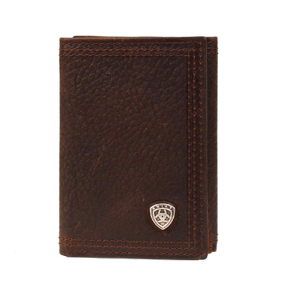 A35122282 Brown Rowdy Men's Shield Logo Trifold Wallet