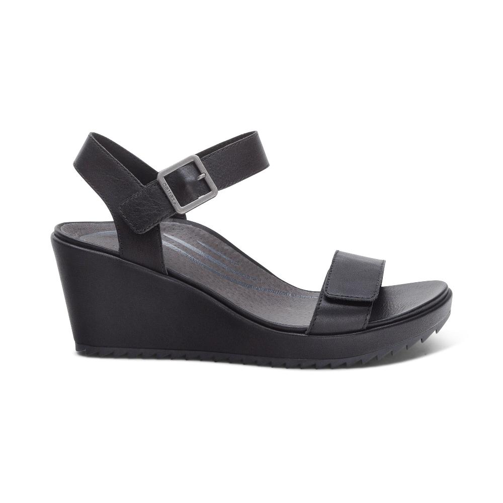 Aetrex Black Andrea Quarter Strap Women's Wedge Shoes HW220