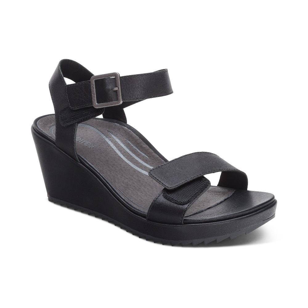 Aetrex Black Andrea Quarter Strap Women's Wedge Shoes HW220