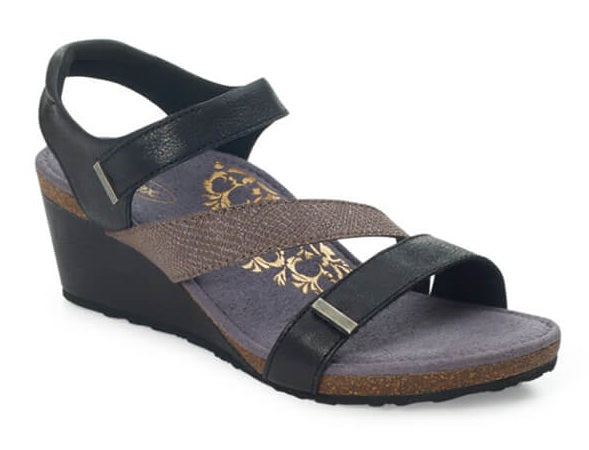Aetrex Black Brynn Adjustable Strap Womens Wedge Sandals EW110