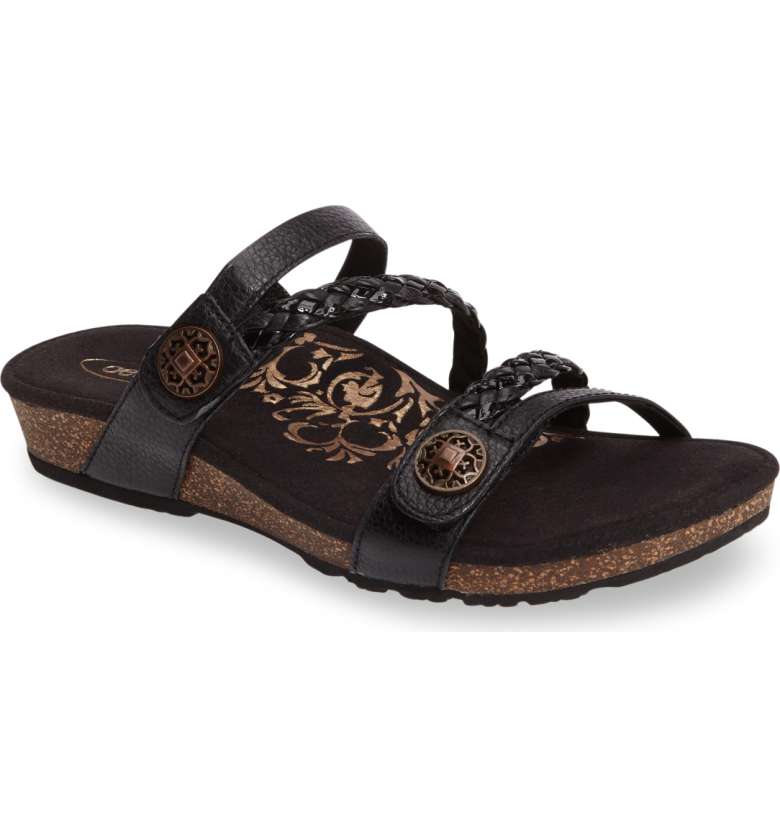 Aetrex Black Janey Braided Womens Slide Sandal SC530