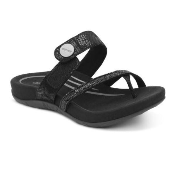 Aetrex Black Sparkle Izzy Adjustable Slide Womens Sandals SE230