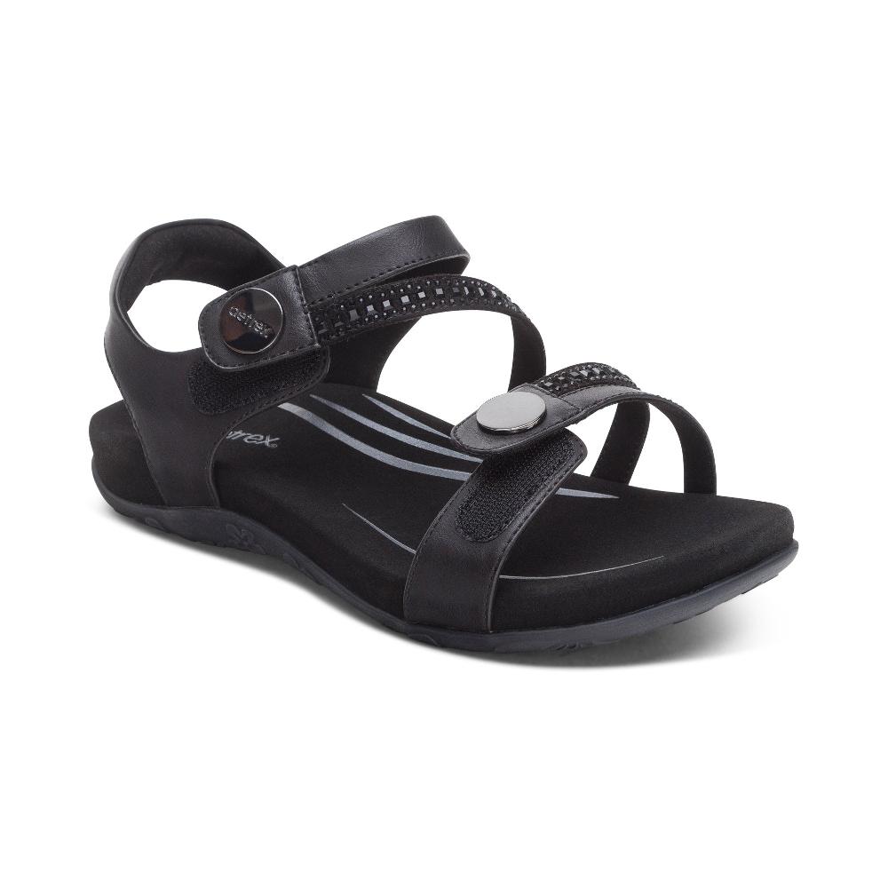 Aetrex Black Sparkle Jess Adjustable Quarter Strap Women's Sandals SE205