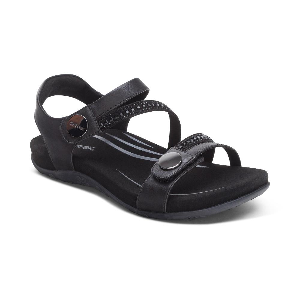 Aetrex Black Sparkle Jess Adjustable Quarter Strap Women's Sandals SE205