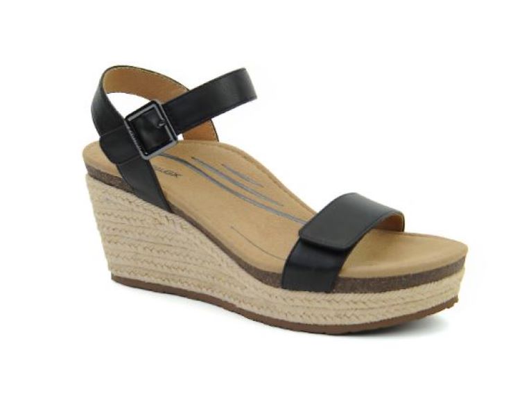 Aetrex Black Sydney Quarter Strap Women's Espadrille Wedge Shoes EW750