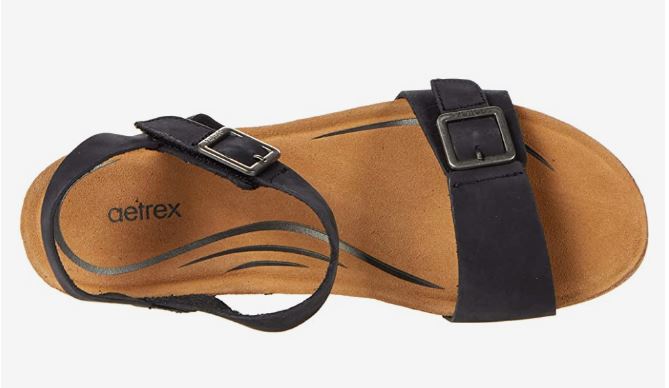 Aetrex Lexa Black Nubuck Quarter Strap Womens Wedge Sandals CK100