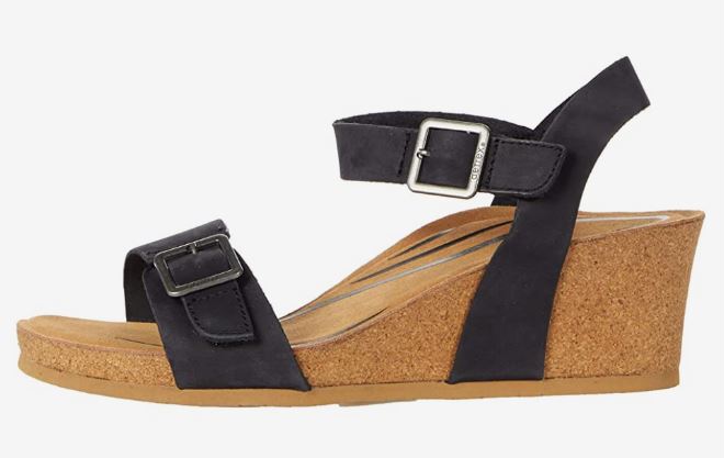 Aetrex Lexa Black Nubuck Quarter Strap Womens Wedge Sandals CK100