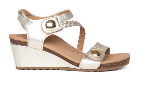Aetrex Naya Gold Braided Quarter Strap Womens Wedge Sandals EW461