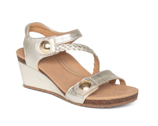Aetrex Naya Gold Braided Quarter Strap Womens Wedge Sandals EW461