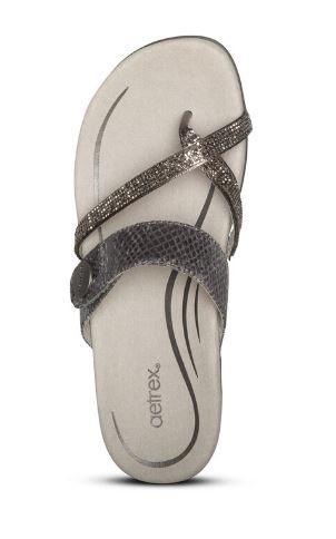 Aetrex Pewter Sparkle Izzy Adjustable Slide Womens Sandals SE233