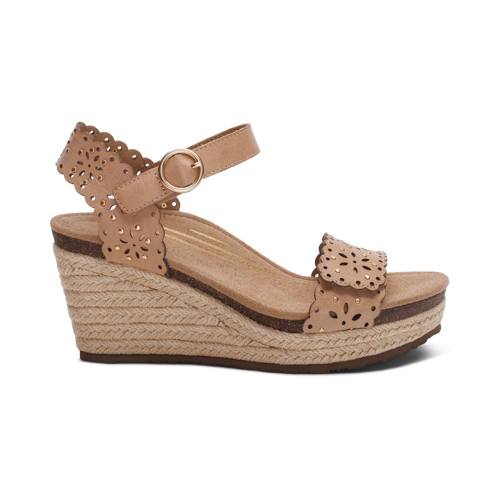 Aetrex Sand Cutout Sydney Quarter Strap Espadrille Wedge Sandals EW778