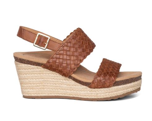 Aetrex Summer Cognac Woven Quarter Strap Womens Wedge Sandals EW734