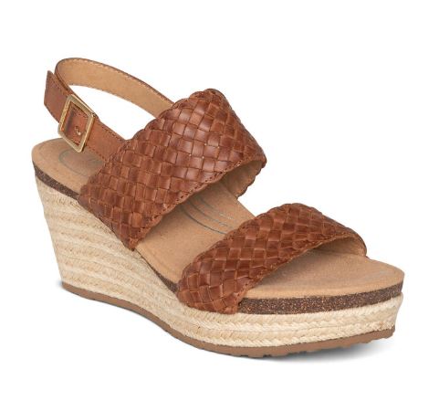 Aetrex Summer Cognac Woven Quarter Strap Womens Wedge Sandals EW734