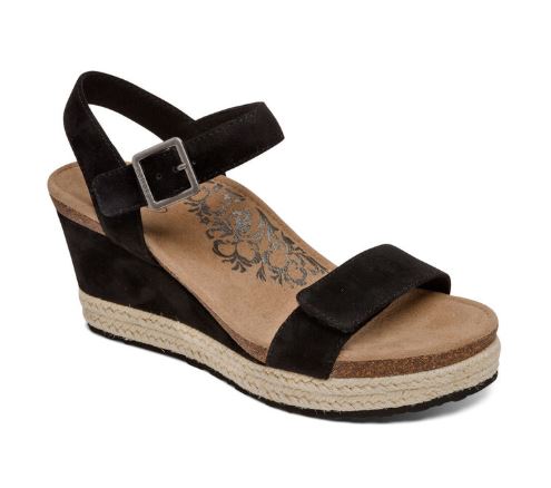 Aetrex Sydney Black Quarter Strap Espadrille Womens Wedge Sandals EW700