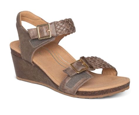 Aetrex Taupe Grace Adjustable Strap Womens Woven Wedges EW164