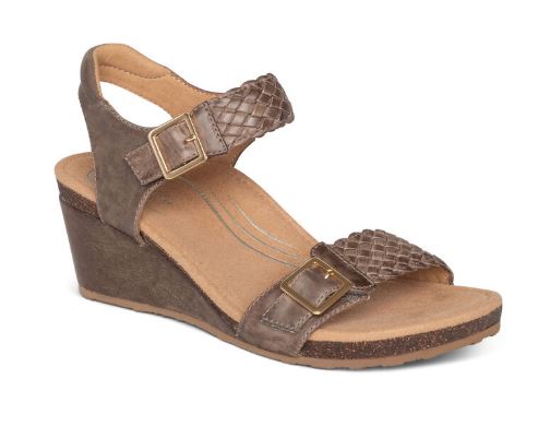 Aetrex Taupe Grace Adjustable Strap Womens Woven Wedges EW164