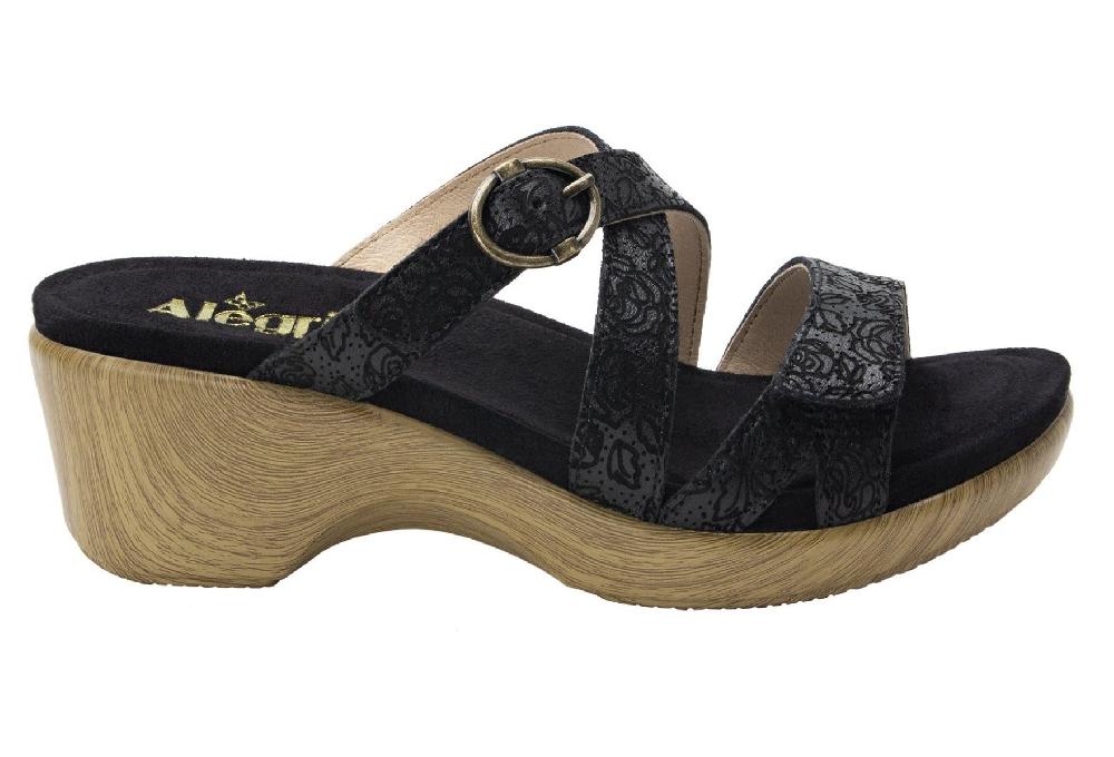 Alegria Black Roux Finely Womens Adjustable Strap Slide On Wedge Sandals ROU-495