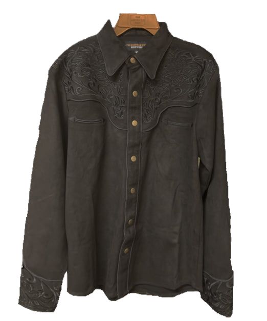 American West Black Longsleeve Collared Suede Snap Shirt Jacket with Embroidery AW-1019S
