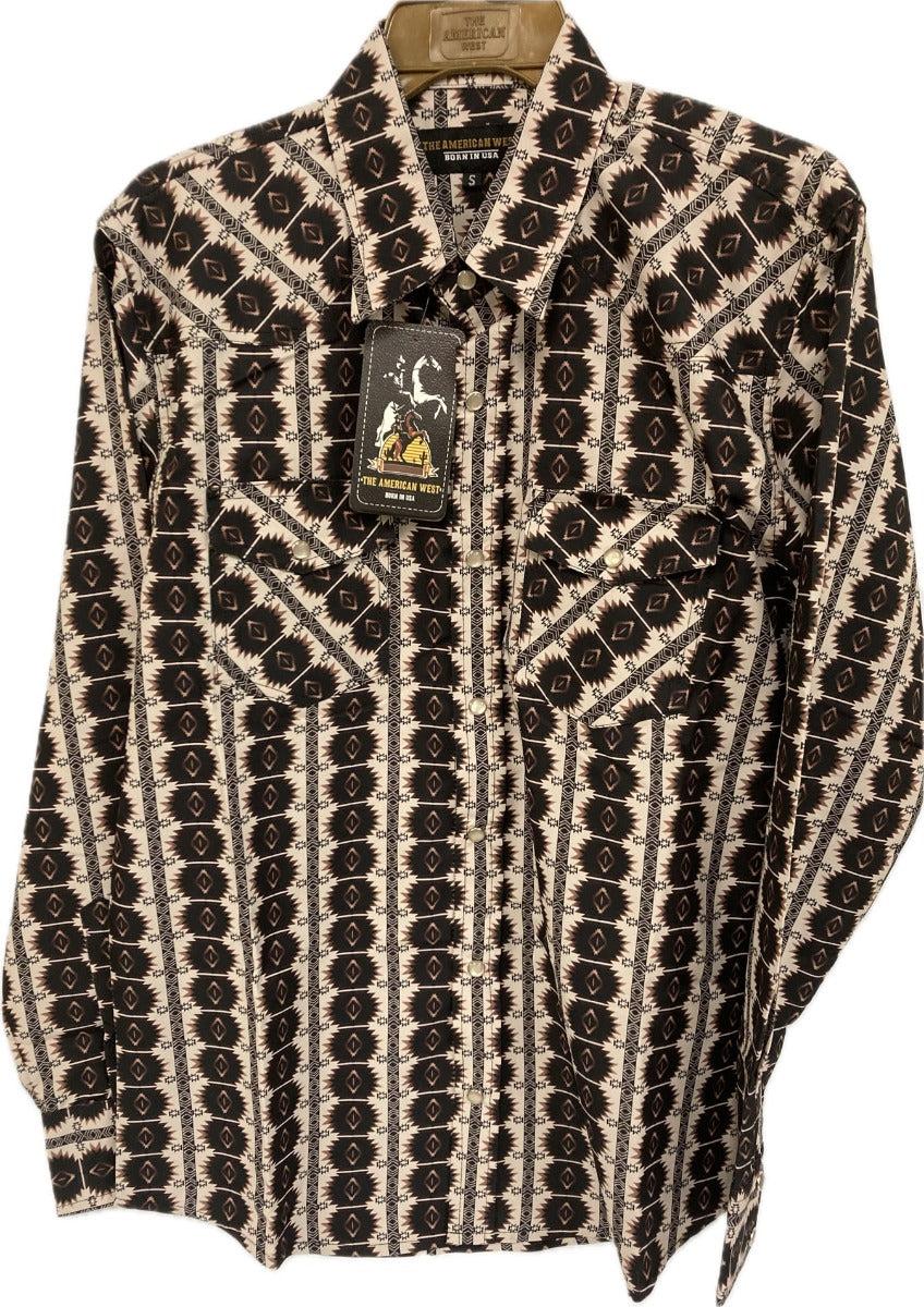 American West Brown/Beige Aztec Print Men's Longsleeve Collared Snap Front Shirt AW-203