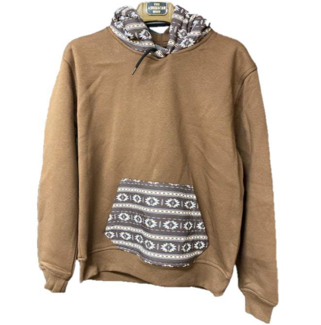 American West Brown Hoodie with Aztec Print on Pocket and Hood AW-RH12