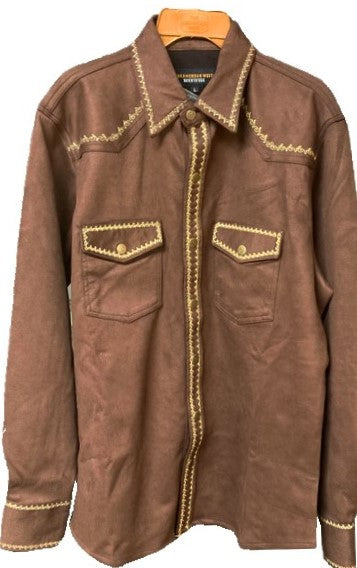 American West Brown Suede Men's Collared Longsleeve Western Shirt Jacket with Gold Embroidery Trim AW-SMES12/24