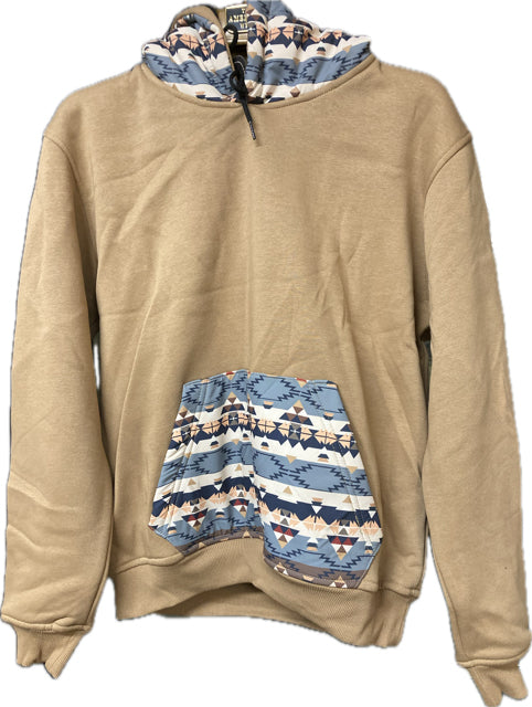 American West Khaki Hoodie With Aztec Print on Pocket and Hood AW-RH11